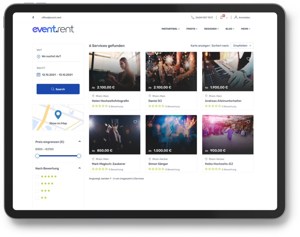 Die Auflistung von Services auf event.rent